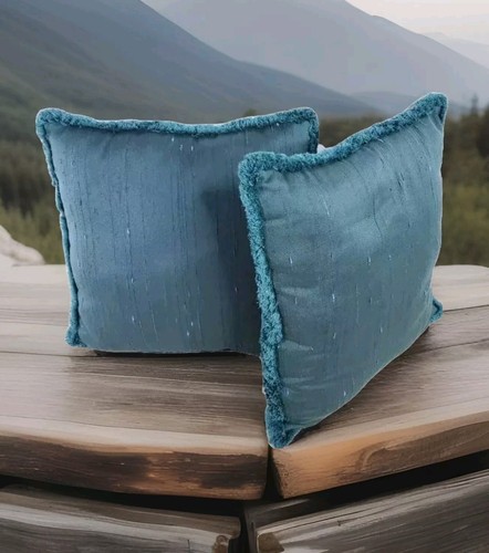 Set of 2 Throw Pillows Solid Forest Green 16 Inch Square with 3/4" Fringes - Picture 2 of 9