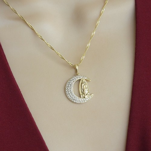14K Gold Plated Our Lady of Guadalupe Moon Pendant Necklace Virgen Guadalupe - 第 1/2 張圖片