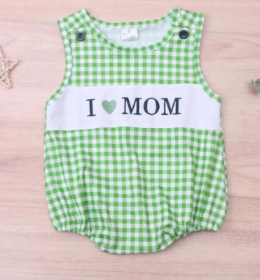 NEW Boutique Embroidered 'I Love Mom' Baby Boys Plaid Romper Jumpsuit