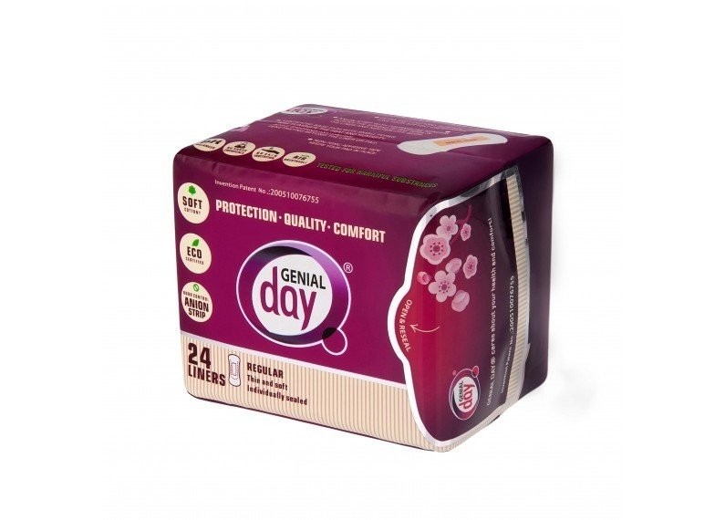 Экологически сертифицированные прокладки Genial Day с анионовыми полосками 24 подушечки в коробке 2190₽