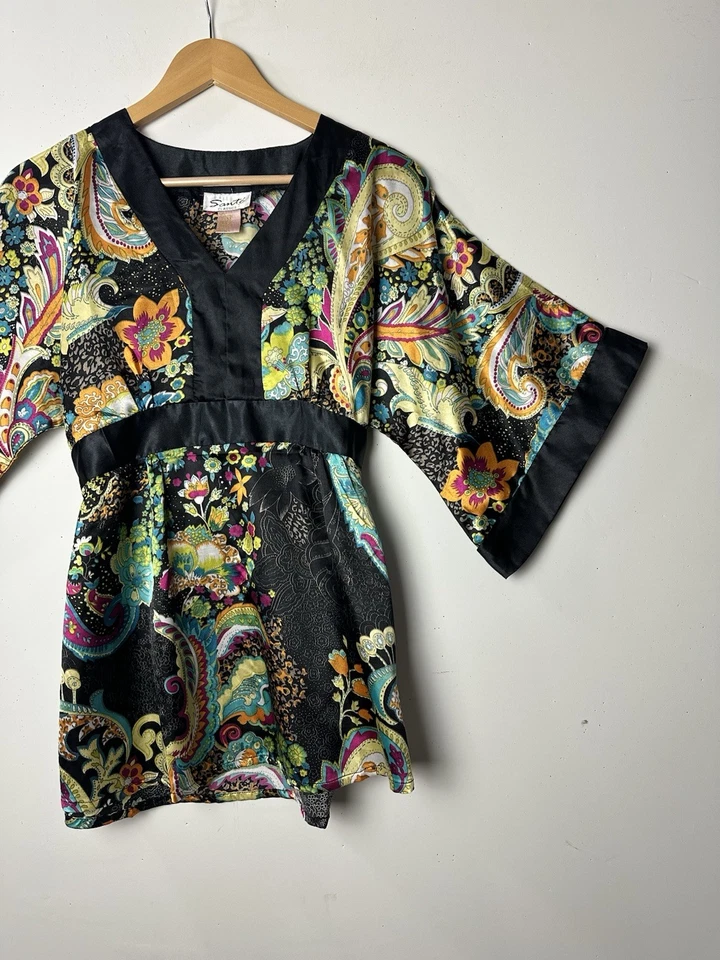 De Colección Sante Babydoll Túnica Top Floral Satinado Kimono Manga Hada Grunge Boho Y2K M Foto 2 de 4