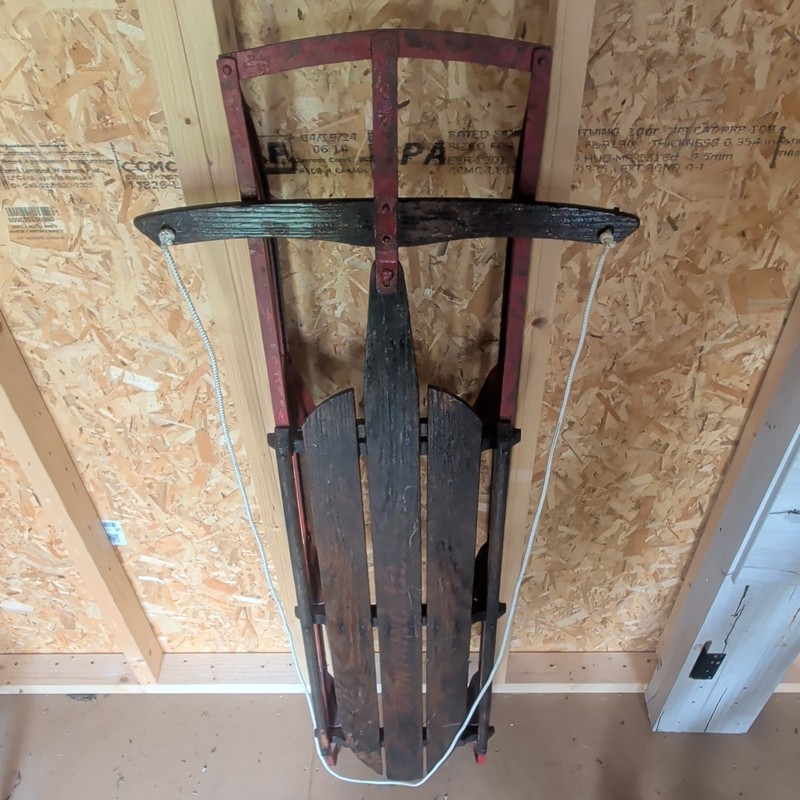 Vintage Style Wood & Metal Sled, Red/Brown, Includes Pull Rope