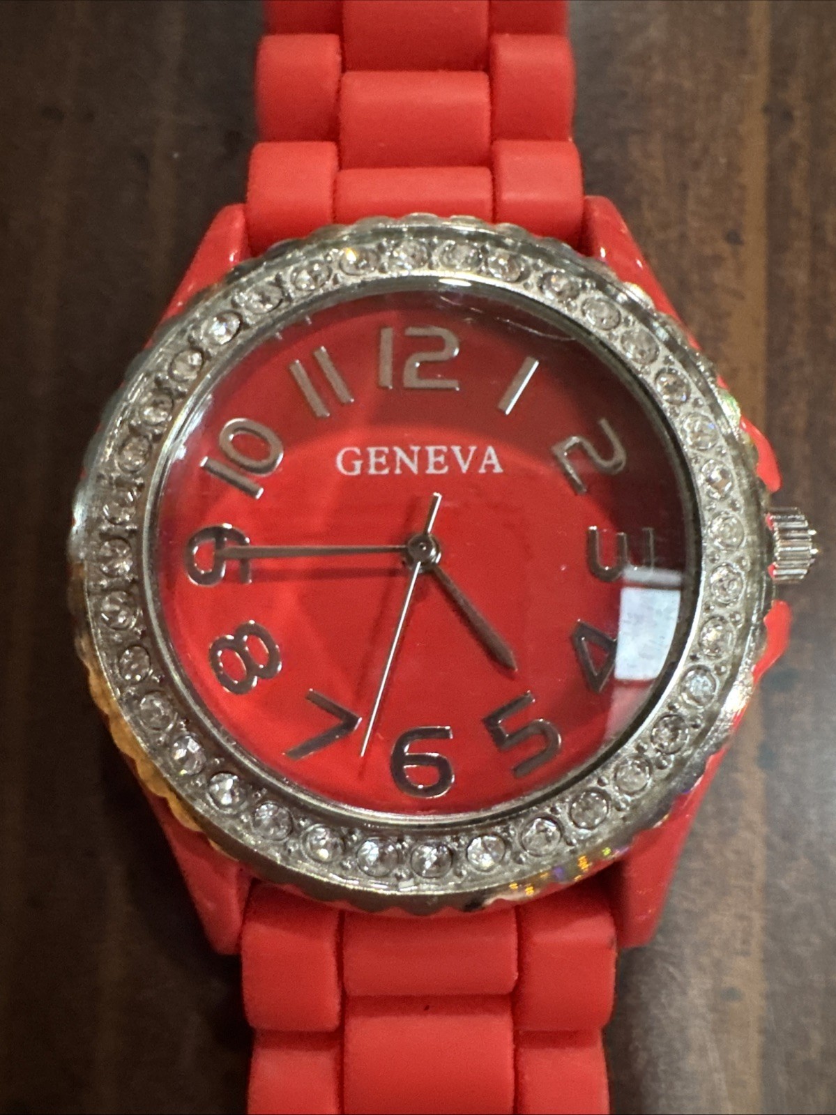Vintage Geneva Watch Red Silicone Band  Silver Tone Rhinestones Y2K Battery Good