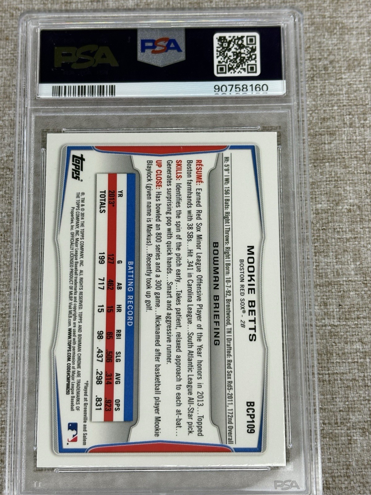2014 Bowman - Prospects Chrome Mookie Betts #BCP109 (RC) PSA 9!! view 2