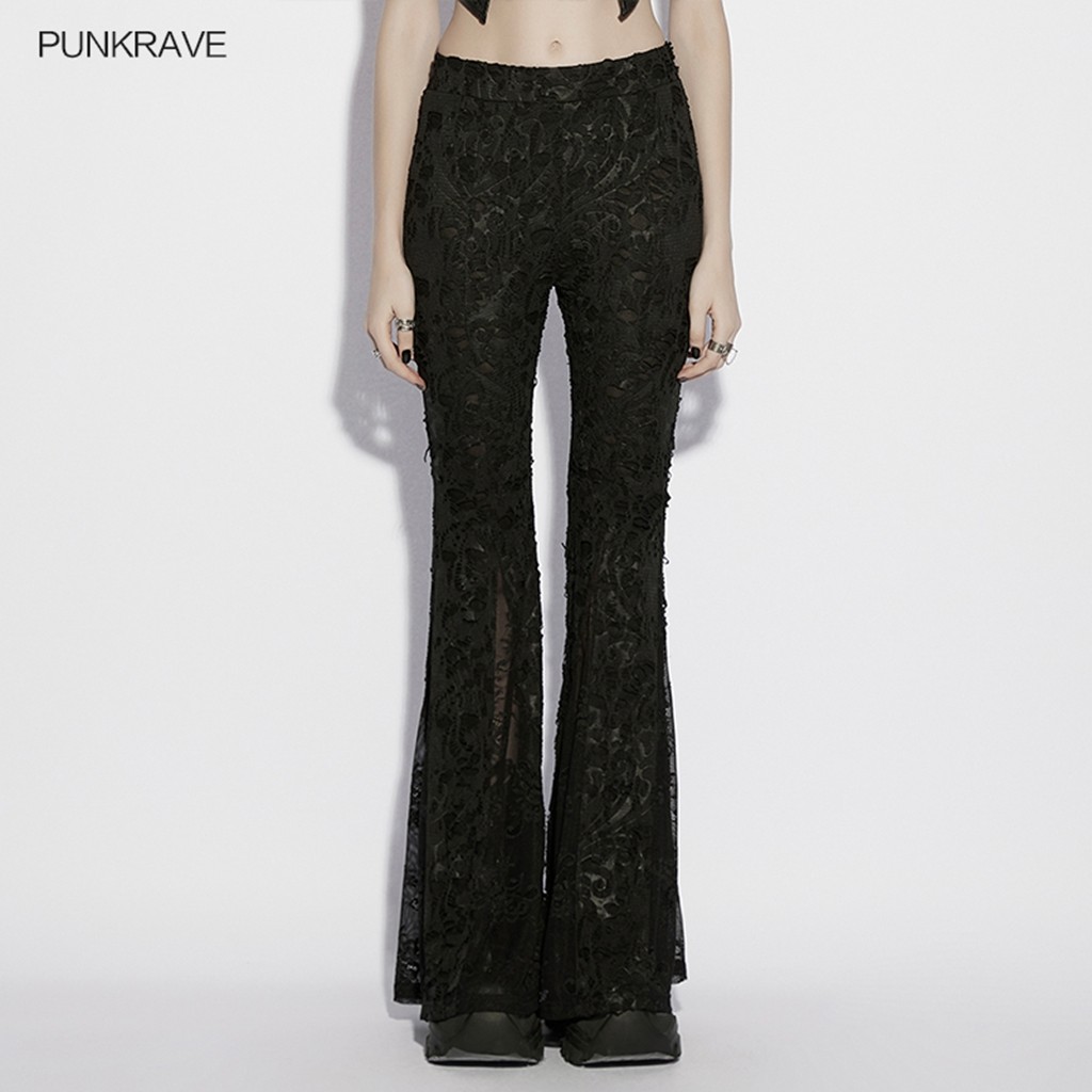 Punk Rave Women Black Gothic Jacquard Lace Flared Pants Slim Fit