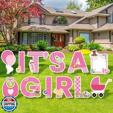 Elcoho 12Pcs Its A Girl Yard Sign with Stakes Stork Baby Shower Yard Sign Pin