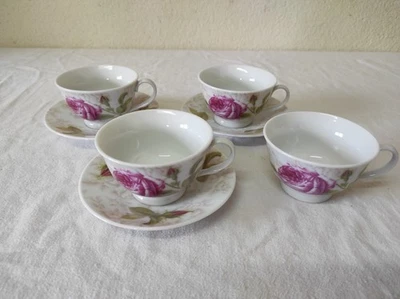 4 anciennes Tasses + 3 Sous tasse en céramique déco floral " Rose " - Photo 1/4