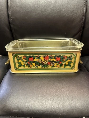 Vintage PYREX Glass Loaf Pan With Metal 1981 Teleflora Serving Rack Tray England