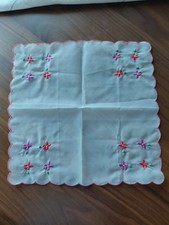 Vintage sheer handkerchief with embroidered floral accents in the corners 11"