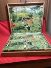 Antique Vintage Children's Puzzle In Wood Box Lithograph 5 puzzles 30 blocks