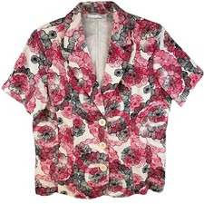 VTG Sag Harbor Woman Short Sleeve Blazer Button Jacket Floral Linen Blend Sz 14