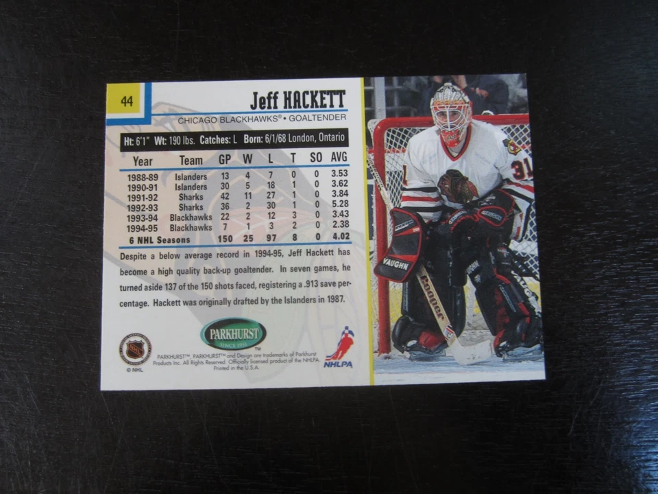 1995-96 Parkhurst Emerald Ice # 44 Jeff Hackett Card (B75) Chicago Blackhawks - Image 2 of 2