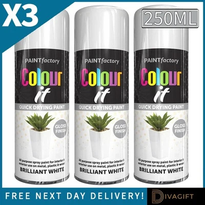 PAINT FACTORY 3 x WHITE GLOSS ALL-PURPOSE AEROSOL SPRAY PAINT 250ML FOR METAL WOOD PLASTIC NEW