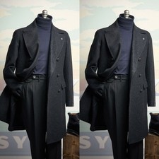 Black Wool Men's Long Overcoat Peak Lapel Double Breasted Winter Men Long Coat