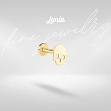 14K Solid Gold Skull Hallowen Helix Gothic Flatback Stud Tragus Ear Piercing 18G