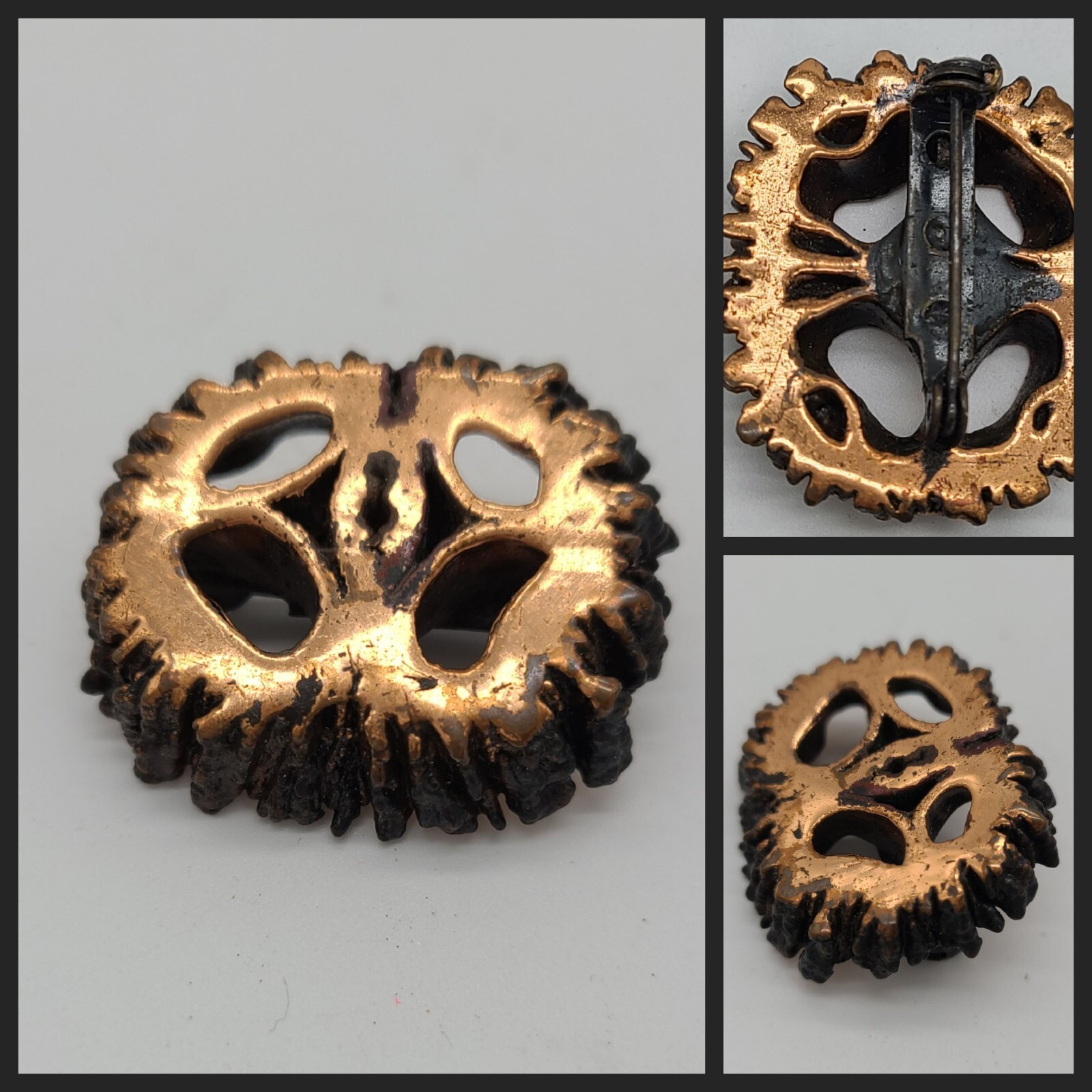 Antique Copper Covered Walnut Shell Slice Brooch … - image 1
