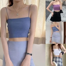 Women Basic Spaghetti Strap Crop Tube Top Ribbed Knit Camisole Plain Solid Vest