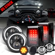 For Jeep Wrangler JK 07-18 Combo 7" Halo LED Headlight Fog Lamp Turn Tail Lights