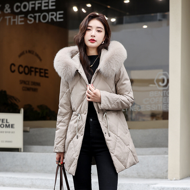 Mid Long Hooded Jacket Women's 90% White Duck Down Fox Fur Collar