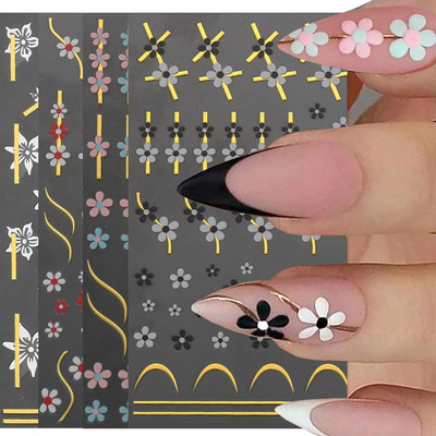 Nagelsticker Selbstklebend, 9 Blatt French Nail Art Stickers Schwarz Weiß Rosa G