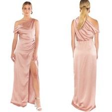 Show Me Your Mumu Asymmetrical Draped Neck Jodie Dress in Rose Gold Luxe Satin M