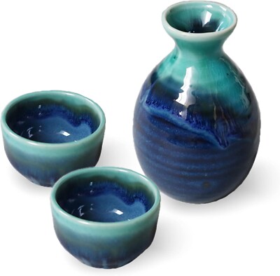 Mino ware Japan Sake cup bottle set of 3 Guinomi Tokkuri Seiryu Blue glaze F/S