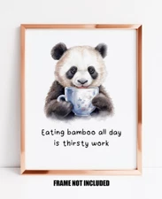 Panda drinking tea art print or greetings card, panda gift, funny kitchen decor