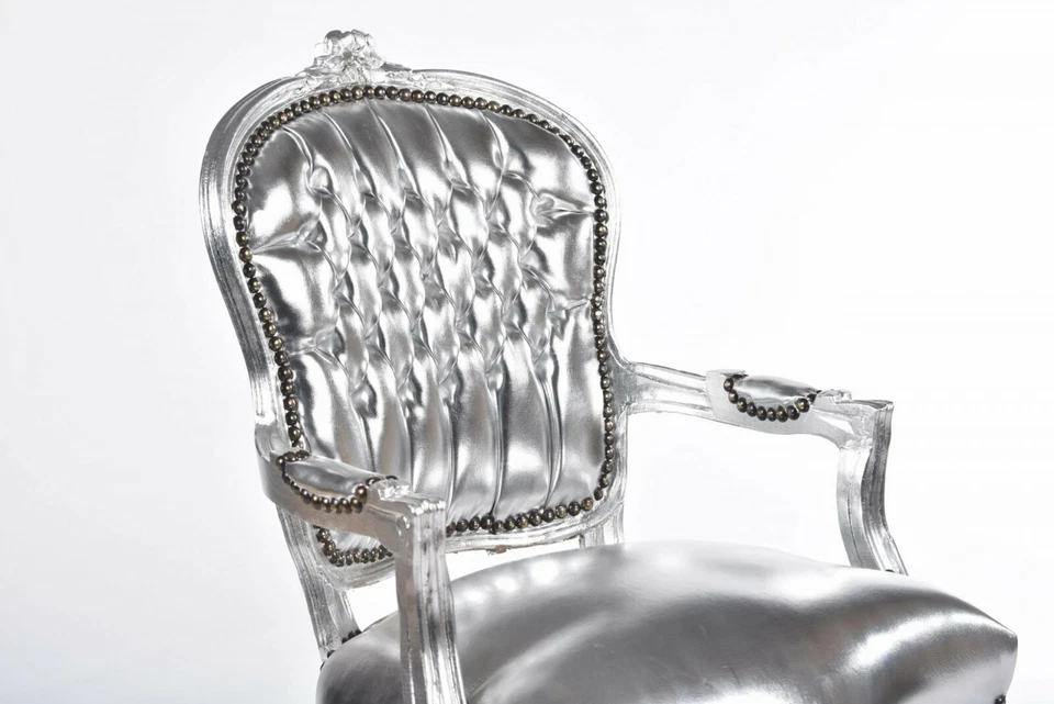 Poltrona Sedia in legno foglia argento con rivestimento eco-pelle argento - Immagine 2 di 3