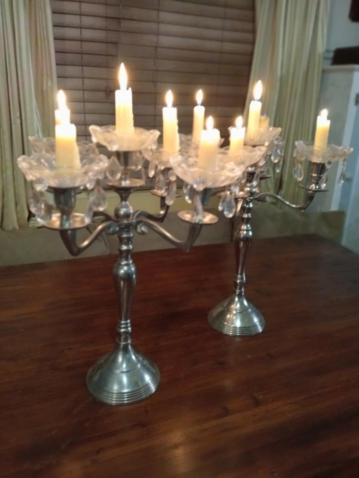 Pair Vintage 5 Cup Crystal Candelabras VGC 42x35cm - image 2 of 4