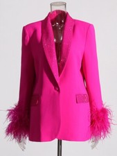 Beautiful Hot Pink Feather Cuff Crystal Bejeweled Blazer Jacket Size Small
