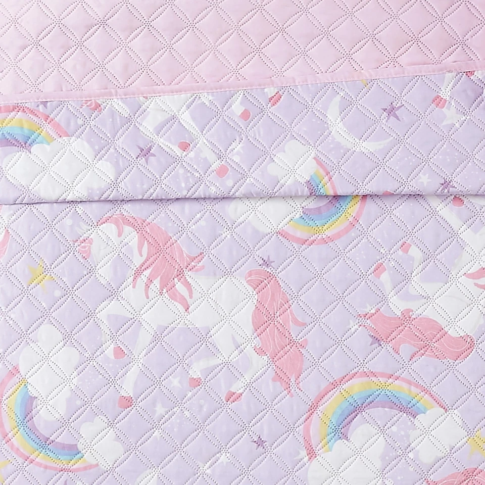 Twin 3pcs Modern Microfiber, Rainbow Unicorn Kids Bedding Quilt Set, Purple - Image 3 of 4