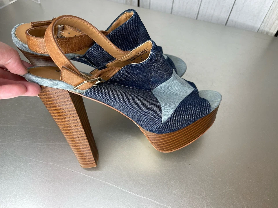 Call It Spring Blue Denim Open Toe Ankle Strap Patchwork Platform Size 9 - Image 3 of 4