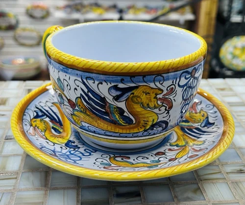 Deruta Pottery- Large Cup + Saucer Raffaellesco Made/painted by hand in Italy.