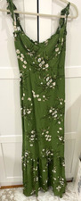 Reformation Green White Floral Square Neck Tie Strap Ruffle Maxi Dress Sz 4