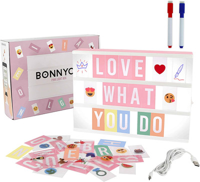 Pink Cinema Light Box with 400 Letters, Emojis, 2 Markers. Led Light Box Home Of
