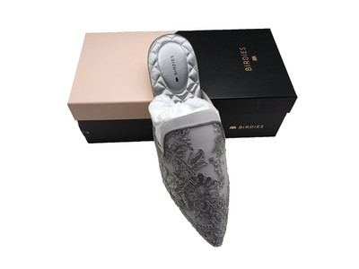 Birdies Dove Silver Lace Floral Embroidered Mule Flats | Size 11 US Slip On