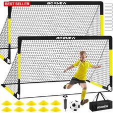 Kids Soccer Goal Backyard 2 Sets 7x5 6x4 Ft Nets Inflation Pump Cones Easy-Fold