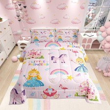 Fairytale Princess Comforter Set Queen Size, Pink Dreamy Castle Unicorn Beddi...