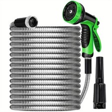 25ft Stainless Steel Garden Water Hose  10 Function Water Gun  3 Anti-Leak Ma