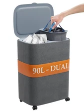 Dual Section 90L Laundry Basket with Wheels and Lid – Tall divided Double Lau...