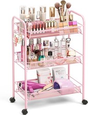3 Tier Rolling Cart Pink Metal Storage Organizer W/ Wheels 33 lbs Shelf Capacity