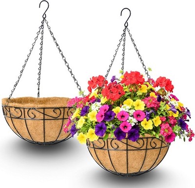 2 Pack 12 Inch Hanging Baskets for Plants Outdoor Metal Hanging Planters Round H