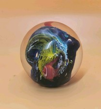 Hand Blown Murano Style Glass Sphere Paperweight With Orange Fish And Sea Waves