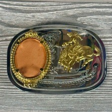 Mens Western Belt Buckle Silver Gold Two Tone Rodeo Bronc Rider Picture Frame