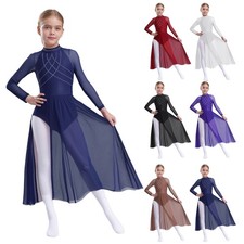 Kids Dance Dress Lyrical Ballet Dress Long Sleeve Mesh Patchwork Leotard Slit Skirt
