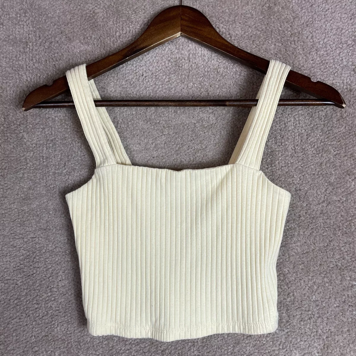 American Eagle Crop Tank Top Womens Size XS Cream Wide Strap Stretch Ribbed  Knit