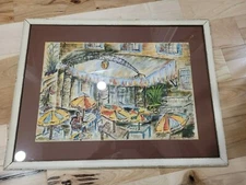 Mid-Century original pastel impressionist street cafe  by T. CHASE 1955