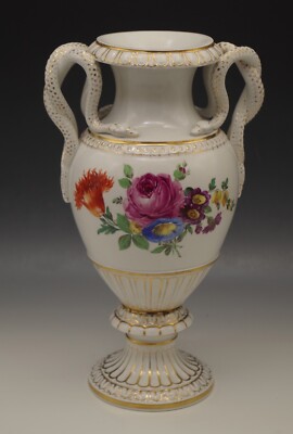 MEISSEN PORCELAIN ANTIQUE SNAKE HANDLES LARGE VASE CROSSED SWORDS