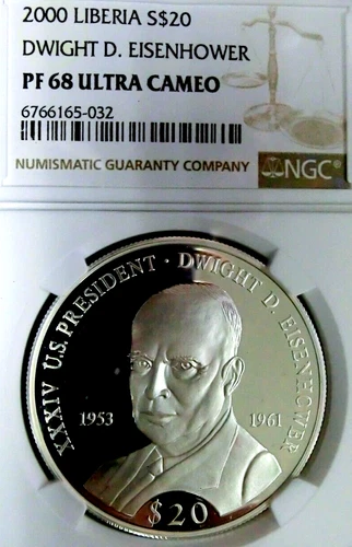 Liberia 2000 Dwight D. Eisenhower 999 Silver $20 NGC PF68