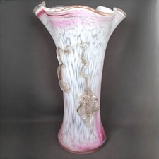Vase en Verre Soufflé à la Main, Décor Floral Vintage Rose et Blanc, Unique